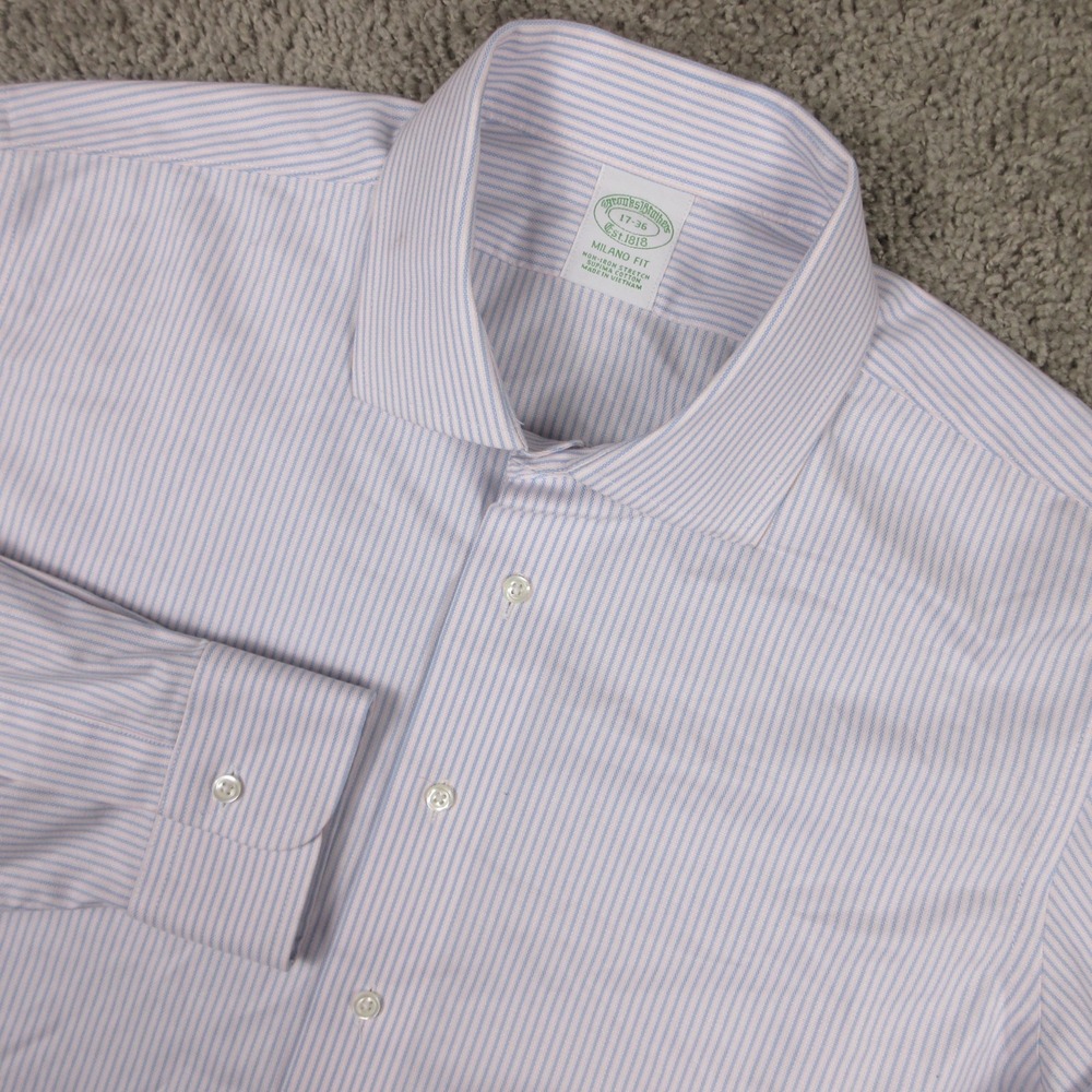 Brooks Brothers Shirt Mens XL 17 36 Blue Pink Stripe Milano Slim Dress Button Up